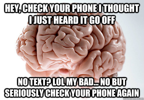 hey, check your phone i thought i just heard it go off no text? lol my bad... no but seriously check your phone again  Scumbag Brain