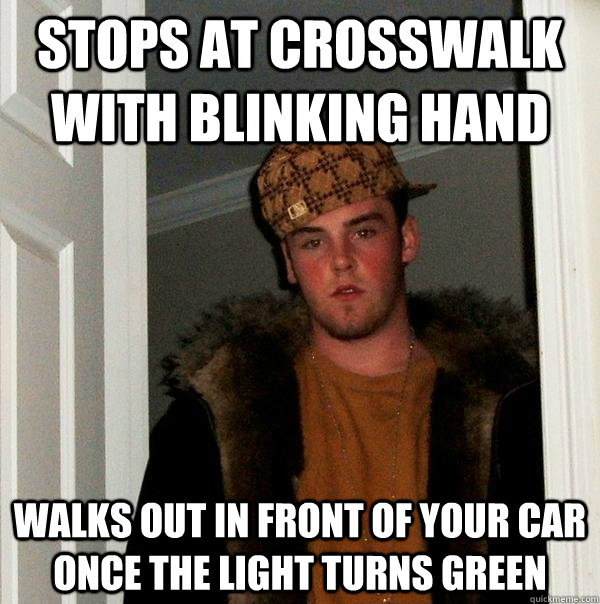 Stops at crosswalk with blinking hand Walks out in front of your car once the light turns green  Scumbag Steve