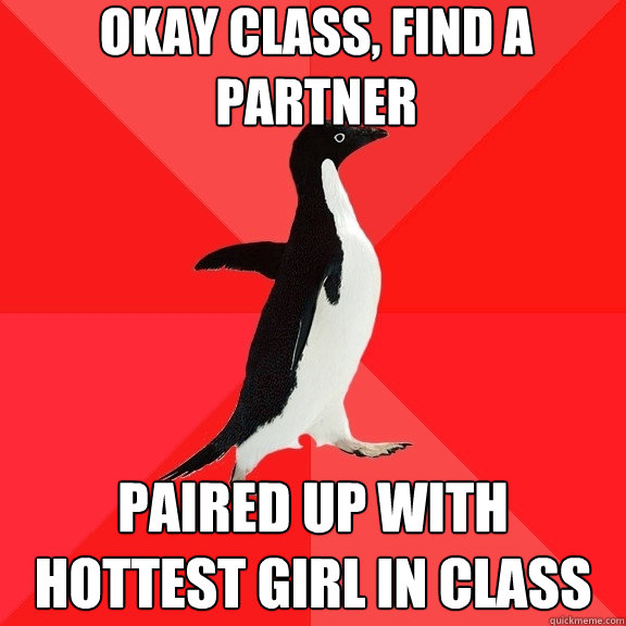 Okay class, find a partner paired up with hottest girl in class  Socially Awesome Penguin