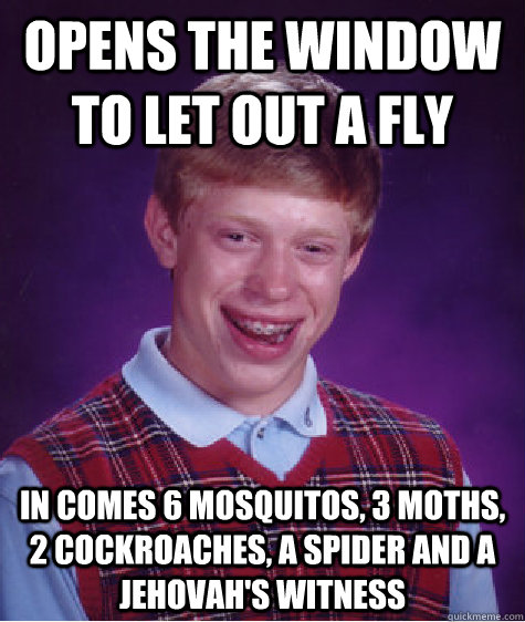 opens the window to let out a fly in comes 6 mosquitos, 3 moths, 2 cockroaches, a spider and a jehovah's witness  Bad Luck Brian