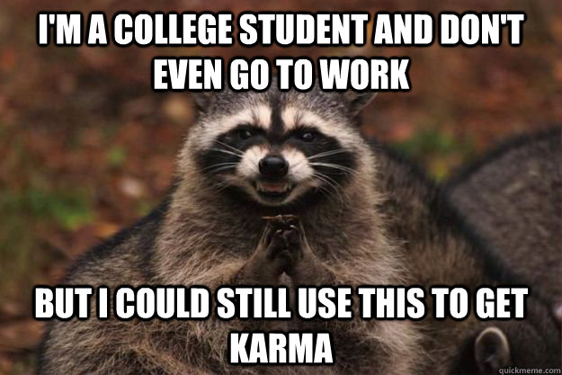 I'm a college student and don't even go to work but I could still use this to get karma  Evil Plotting Raccoon