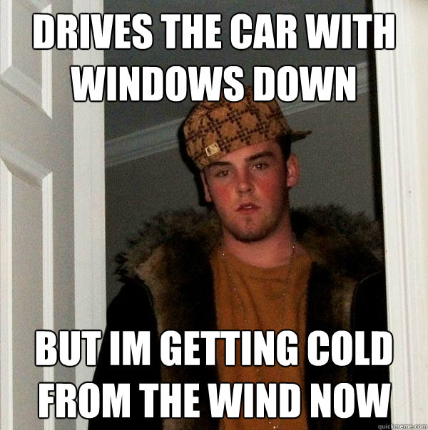 drives the car with windows down but im getting cold from the wind now  Scumbag Steve