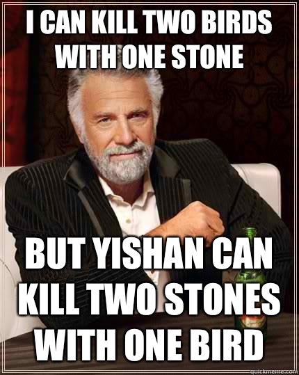 I can kill two birds with one stone but Yishan can kill two stones with one bird  The Most Interesting Man In The World