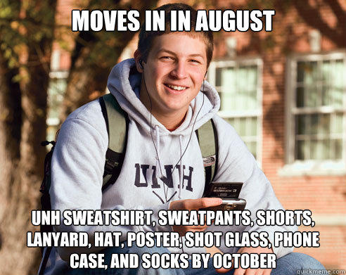 MOVES IN IN AUGUST UNH SWEATSHIRT, SWEATPANTS, SHORTS, LANYARD, HAT, POSTER, SHOT GLASS, PHONE CASE, AND SOCKS BY OCTOBER  