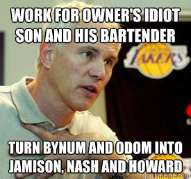 Work for owner's idiot son and his bartender Turn Bynum and Odom into Jamison, nash and howard  Swag Mitch Kupchak