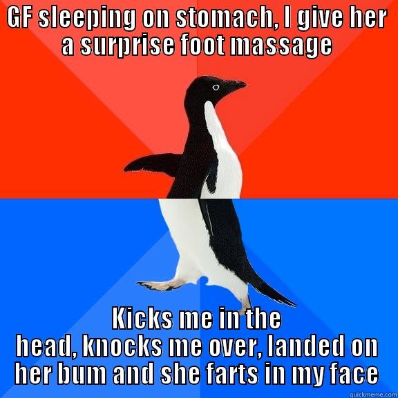 GF SLEEPING ON STOMACH, I GIVE HER A SURPRISE FOOT MASSAGE KICKS ME IN THE HEAD, KNOCKS ME OVER, LANDED ON HER BUM AND SHE FARTS IN MY FACE Socially Awesome Awkward Penguin