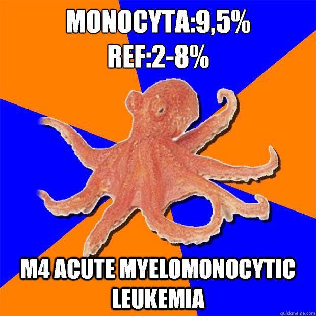 Monocyta:9,5%
Ref:2-8% M4 acute myelomonocytic leukemia - Monocyta:9,5%
Ref:2-8% M4 acute myelomonocytic leukemia  Online Diagnosis Octopus