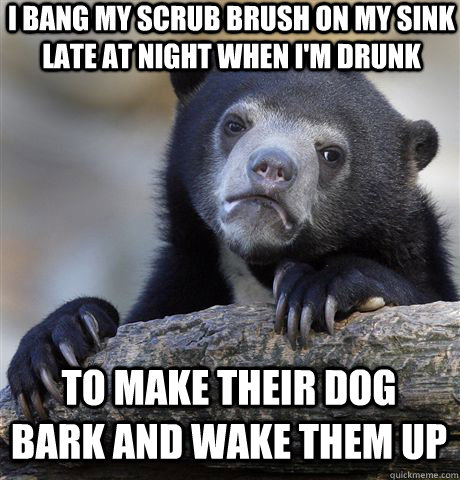 I bang my scrub brush on my sink late at night when I'm drunk to make their dog bark and wake them up  Confession Bear