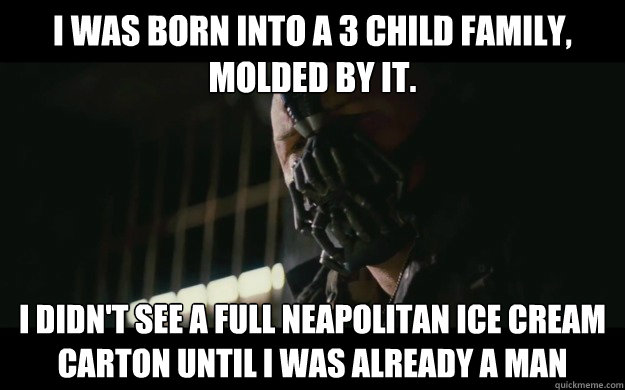 I was born into a 3 child family, molded by it. I didn't see a full neapolitan ice cream carton until I was already a man - I was born into a 3 child family, molded by it. I didn't see a full neapolitan ice cream carton until I was already a man  Badass Bane