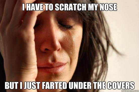 I have to scratch my nose But I just farted under the covers  First World Problems