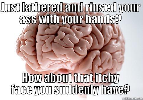 JUST LATHERED AND RINSED YOUR ASS WITH YOUR HANDS? HOW ABOUT THAT ITCHY FACE YOU SUDDENLY HAVE? Scumbag Brain