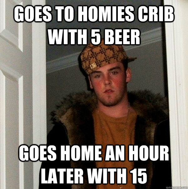 goes to homies crib with 5 beer goes home an hour later with 15  Scumbag Steve