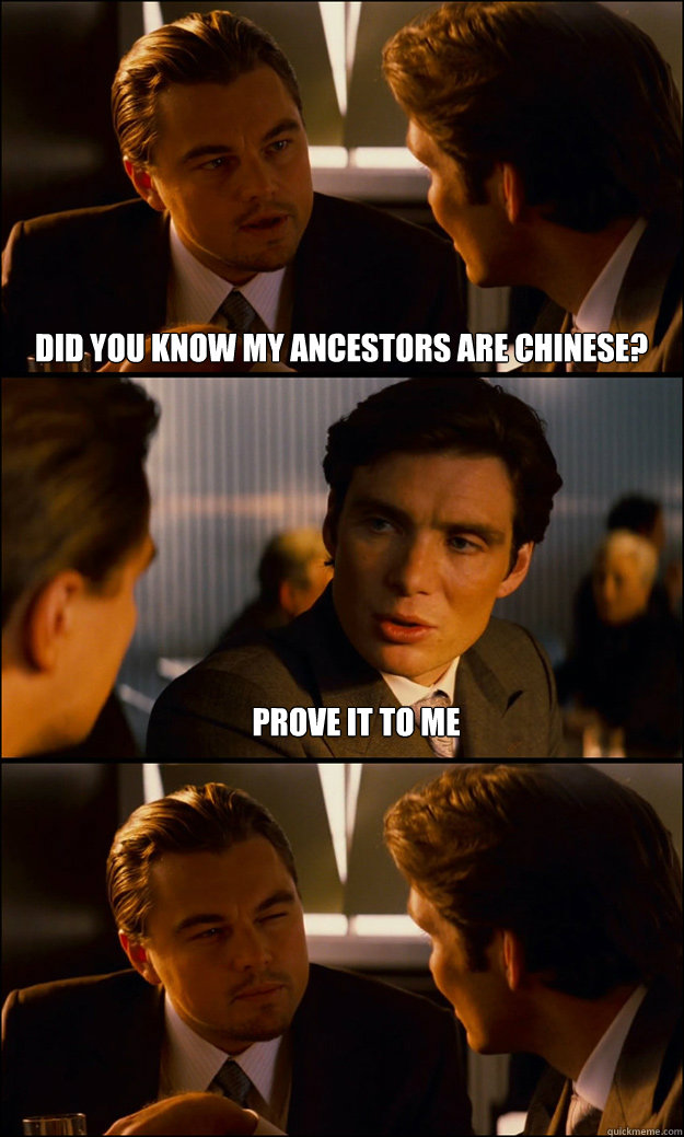 Did you know my ancestors are Chinese? Prove it to me   Inception