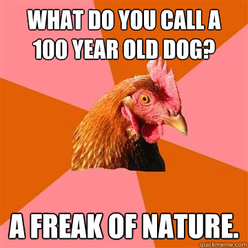 What do you call a 100 year old dog? a freak of nature.  Anti-Joke Chicken