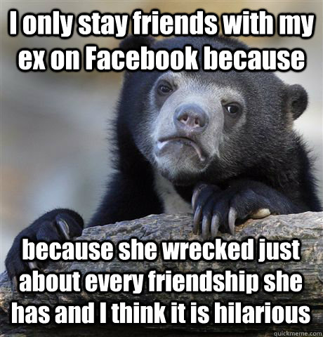 I only stay friends with my ex on Facebook because because she wrecked just about every friendship she has and I think it is hilarious  Confession Bear