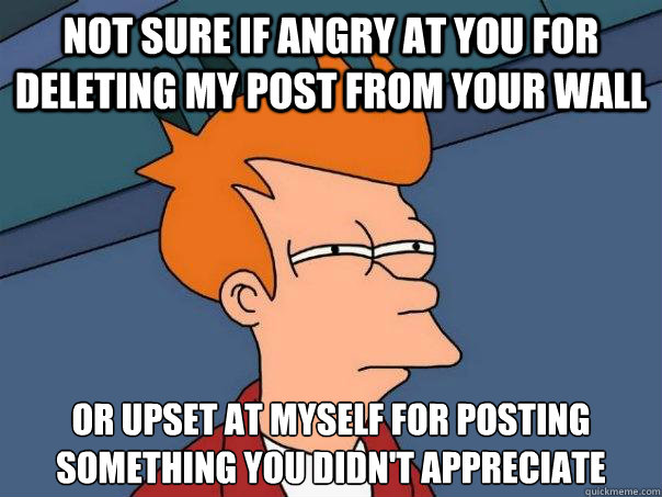 NOT SURE IF ANGRY AT YOU FOR DELETING MY POST FROM YOUR WALL OR UPSET AT MYSELF FOR POSTING SOMETHING YOU DIDN'T APPRECIATE - NOT SURE IF ANGRY AT YOU FOR DELETING MY POST FROM YOUR WALL OR UPSET AT MYSELF FOR POSTING SOMETHING YOU DIDN'T APPRECIATE  Futurama Fry