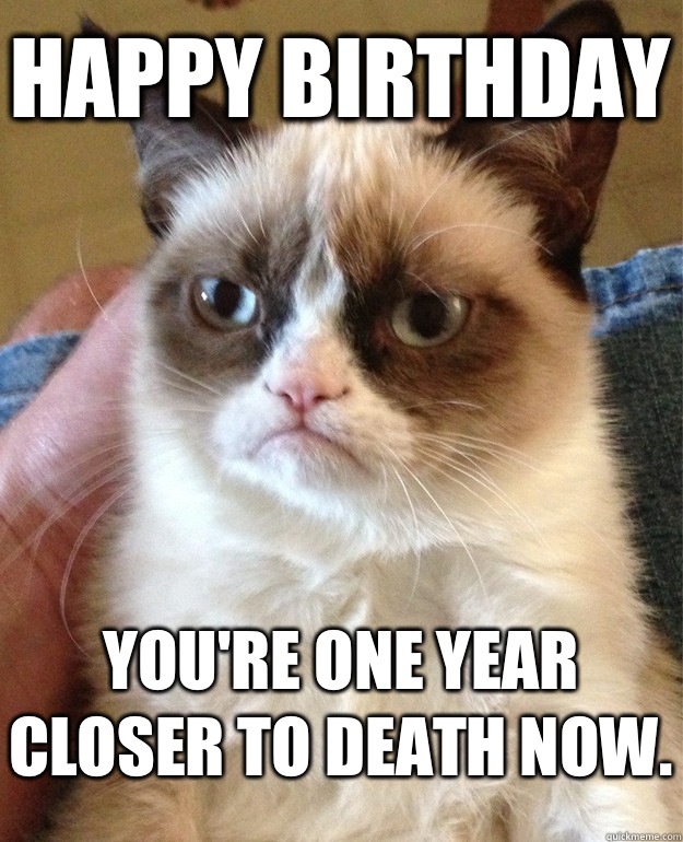 Happy Birthday You're one year closer to death now.  Grumpy Cat