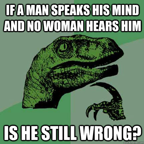 If a man speaks his mind and no woman hears him is he still wrong?  Philosoraptor