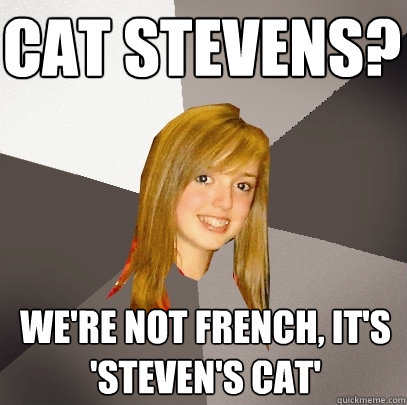 Cat Stevens? We're not French, it's 'Steven's cat' - Cat Stevens? We're not French, it's 'Steven's cat'  Musically Oblivious 8th Grader