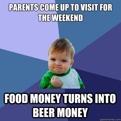 Parents come up to visit for the weekend Food money turns into beer money  Success Kid