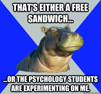 That's either a free sandwich... ...or the psychology students are experimenting on me. - That's either a free sandwich... ...or the psychology students are experimenting on me.  Skeptical Hippo