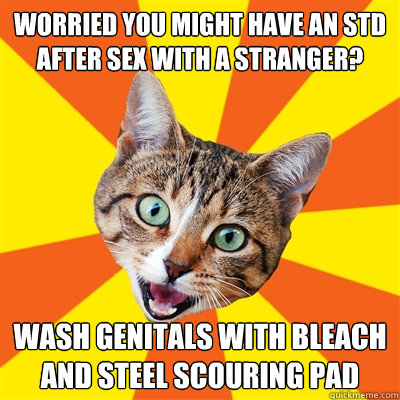 worried you might have an std after sex with a stranger? wash genitals with bleach and steel scouring pad  Bad Advice Cat