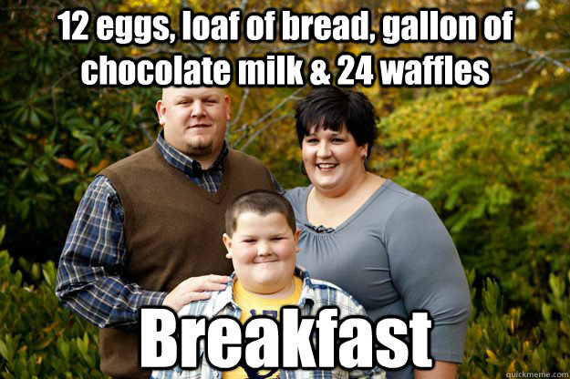 12 eggs, loaf of bread, gallon of chocolate milk & 24 waffles Breakfast  Happy American Family