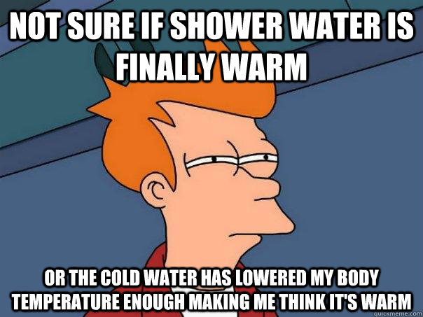 Not sure if shower water is finally warm or the cold water has lowered my body temperature enough making me think it's warm - Not sure if shower water is finally warm or the cold water has lowered my body temperature enough making me think it's warm  Futurama Fry