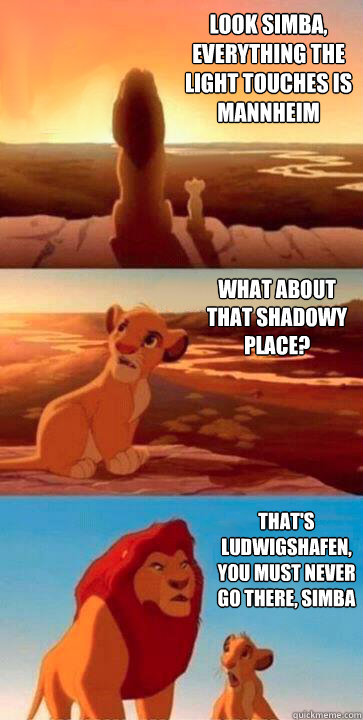 look simba, everything the light touches is Mannheim what about that shadowy place? that's Ludwigshafen, you must never go there, simba  SIMBA