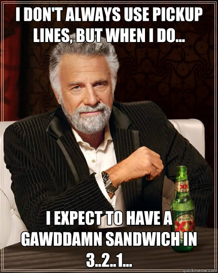 I don't always use pickup lines, but when I do... I expect to have a gawddamn sandwich in 3..2..1...  Dos Equis man