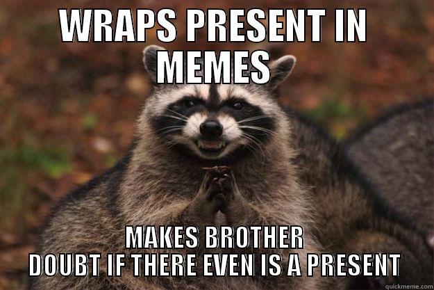 hee hee - WRAPS PRESENT IN MEMES MAKES BROTHER DOUBT IF THERE EVEN IS A PRESENT Evil Plotting Raccoon