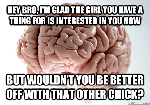 HEY BRO, I'M GLAD THE GIRL YOU HAVE A THING FOR IS INTERESTED IN YOU NOW BUT WOULDN'T YOU BE BETTER OFF WITH THAT OTHER CHICK?  Scumbag Brain