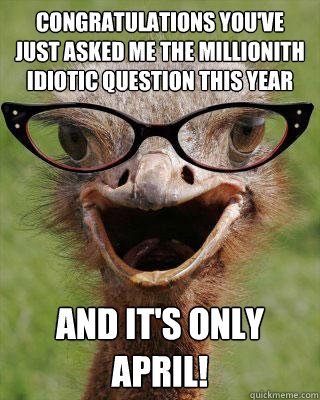 congratulations you've just asked me the millionith idiotic question this year and it's only april!  Judgmental Bookseller Ostrich