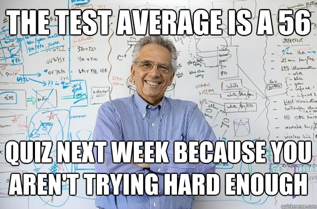The test average is a 56 quiz next week because you aren't trying hard enough  Engineering Professor