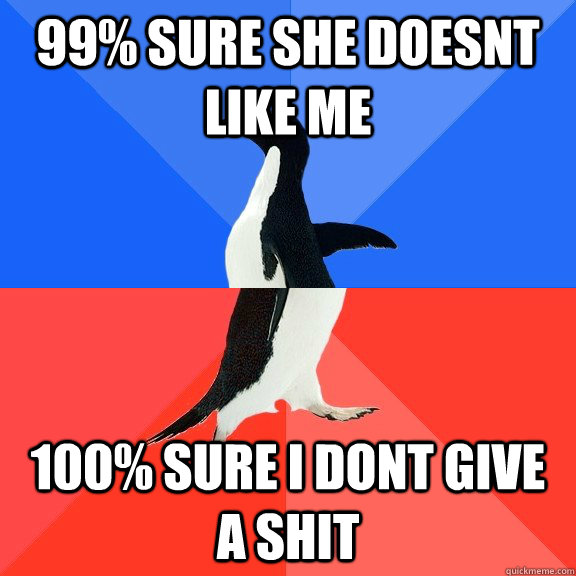 99% sure she doesnt like me 100% sure i dont give a shit  Socially Awkward Awesome Penguin