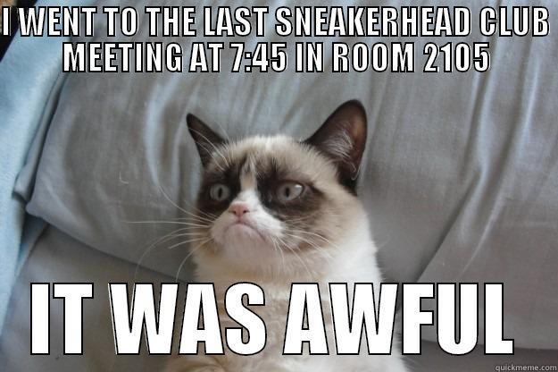 I WENT TO THE LAST SNEAKERHEAD CLUB MEETING AT 7:45 IN ROOM 2105 IT WAS AWFUL Grumpy Cat