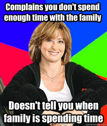 Complains you don't spend enough time with the family Doesn't tell you when family is spending time  Sheltering Suburban Mom