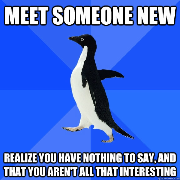 Meet someone new  Realize you have nothing to say, and that you aren't all that interesting  Socially Awkward Penguin