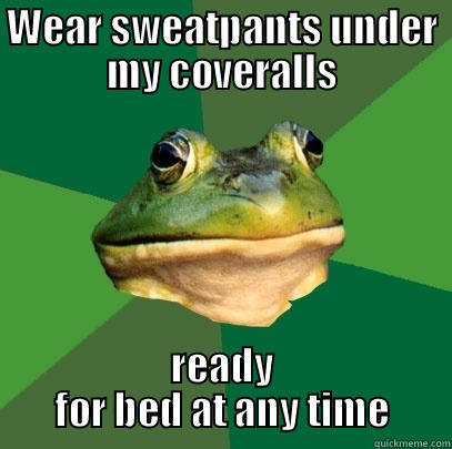 WEAR SWEATPANTS UNDER MY COVERALLS READY FOR BED AT ANY TIME Foul Bachelor Frog