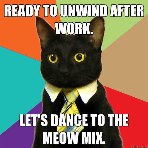 Ready to unwind after work. Let's dance to the Meow Mix.  Business Cat