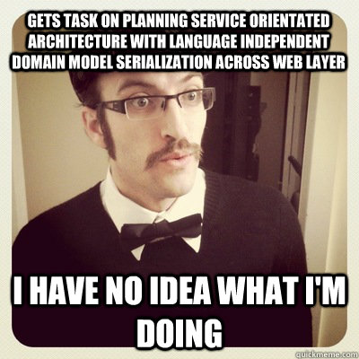 gets task on planning service orientated architecture with language independent domain model serialization across web layer i have no idea what i'm doing - gets task on planning service orientated architecture with language independent domain model serialization across web layer i have no idea what i'm doing  Hipster Developer