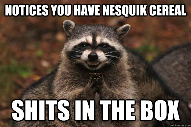 Notices you have Nesquik cereal Shits in the box  Evil Plotting Raccoon