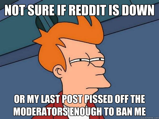 Not sure if Reddit is down Or my last post pissed off the moderators enough to ban me   Futurama Fry