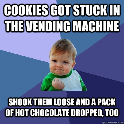 Cookies got stuck in the vending machine shook them loose and a pack of hot chocolate dropped, too  Success Kid