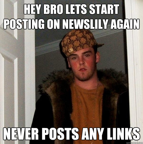 Hey bro lets start posting on newslily again Never posts any links  Scumbag Steve