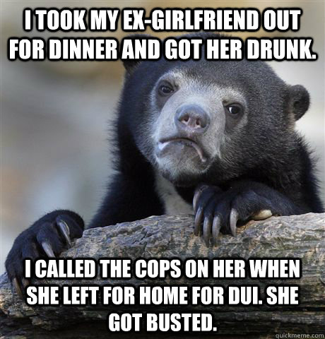 I took my ex-girlfriend out for dinner and got her drunk. I called the cops on her when she left for home for DUI. She got busted.  Confession Bear