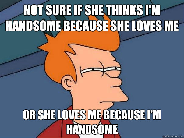 not sure if she thinks i'm handsome because she loves me or she loves me because i'm handsome - not sure if she thinks i'm handsome because she loves me or she loves me because i'm handsome  Futurama Fry