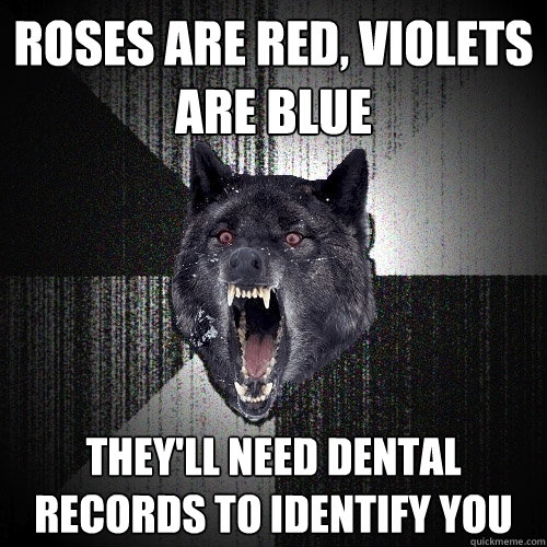 Roses are Red, violets are blue they'll need dental records to identify you  Insanity Wolf