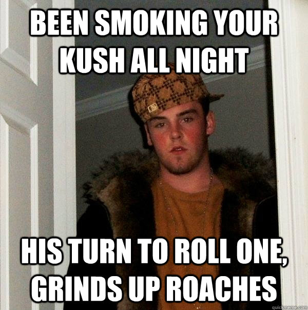 Been smoking your kush all night His turn to roll one, grinds up roaches  Scumbag Steve