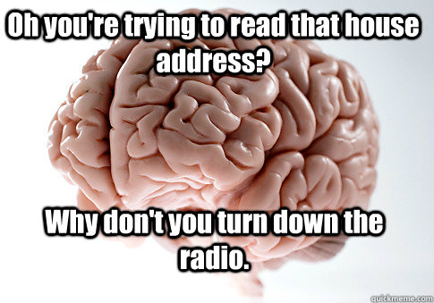 Oh you're trying to read that house address? Why don't you turn down the radio.   Scumbag Brain